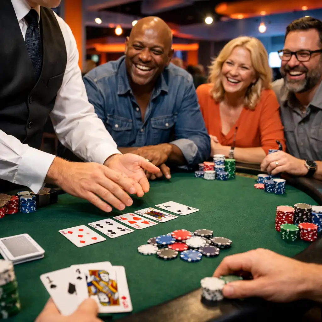 Rekreacyjne stoły do pokera, ruletki i blackjacka przygotowane na event integracyjny