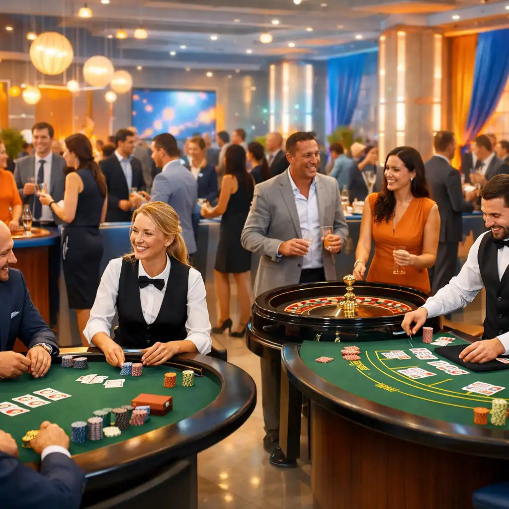 Stylowy event firmowy z rekreacyjnymi stołami do pokera, ruletki i blackjacka