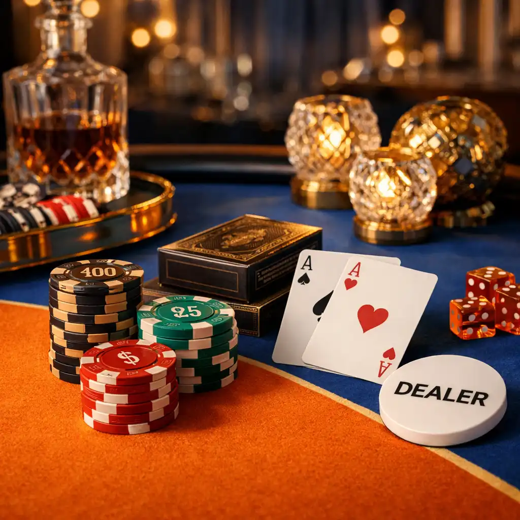 Elegancko przygotowany stół pokerowy z żetonami i kartami na evencie
